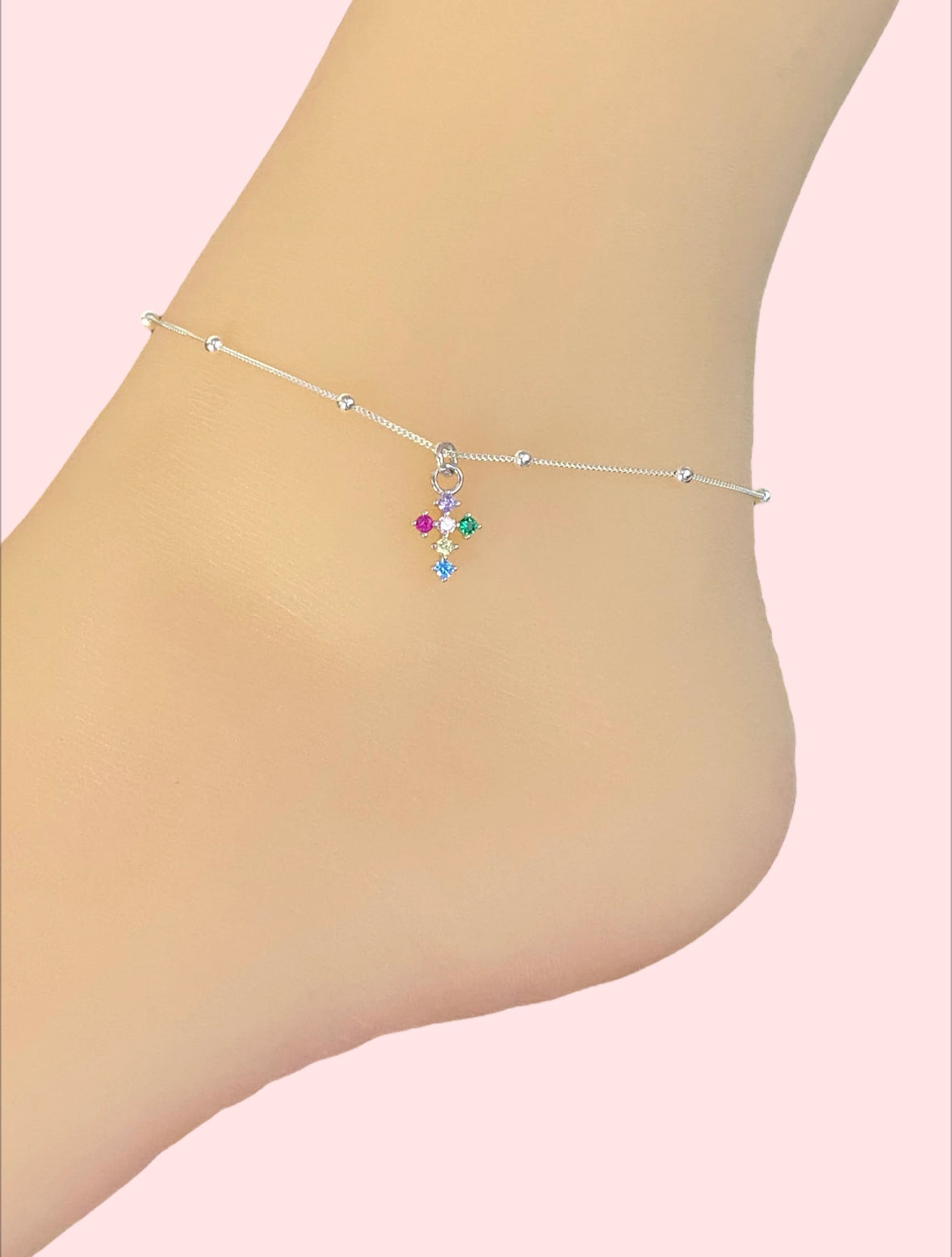 Multicolor CZ Cross Anklet