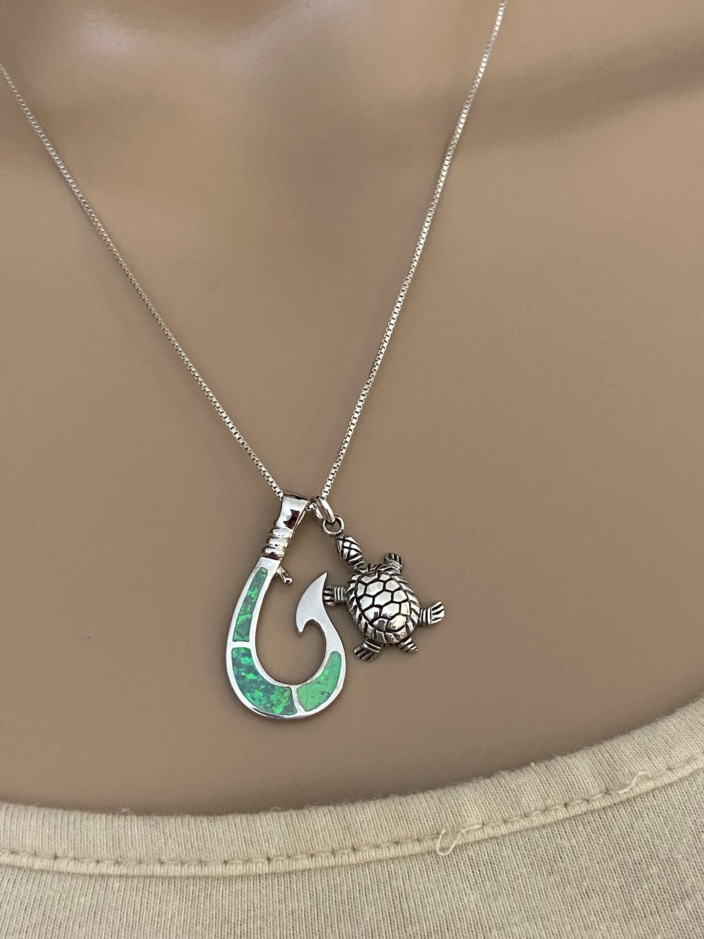 Green Opal Fish Hook Turtle Necklace