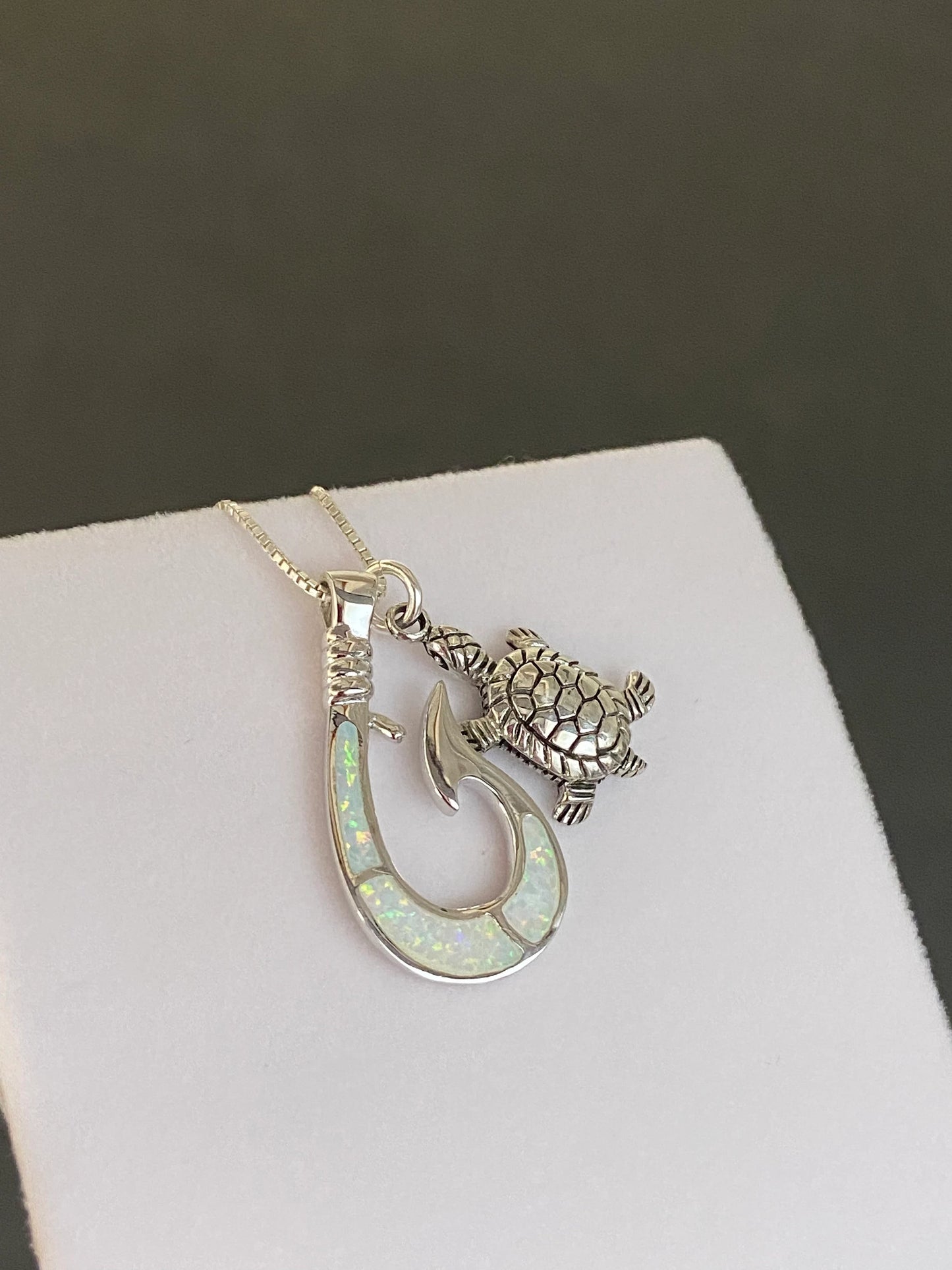 White Opal Fish Hook Turtle Necklace