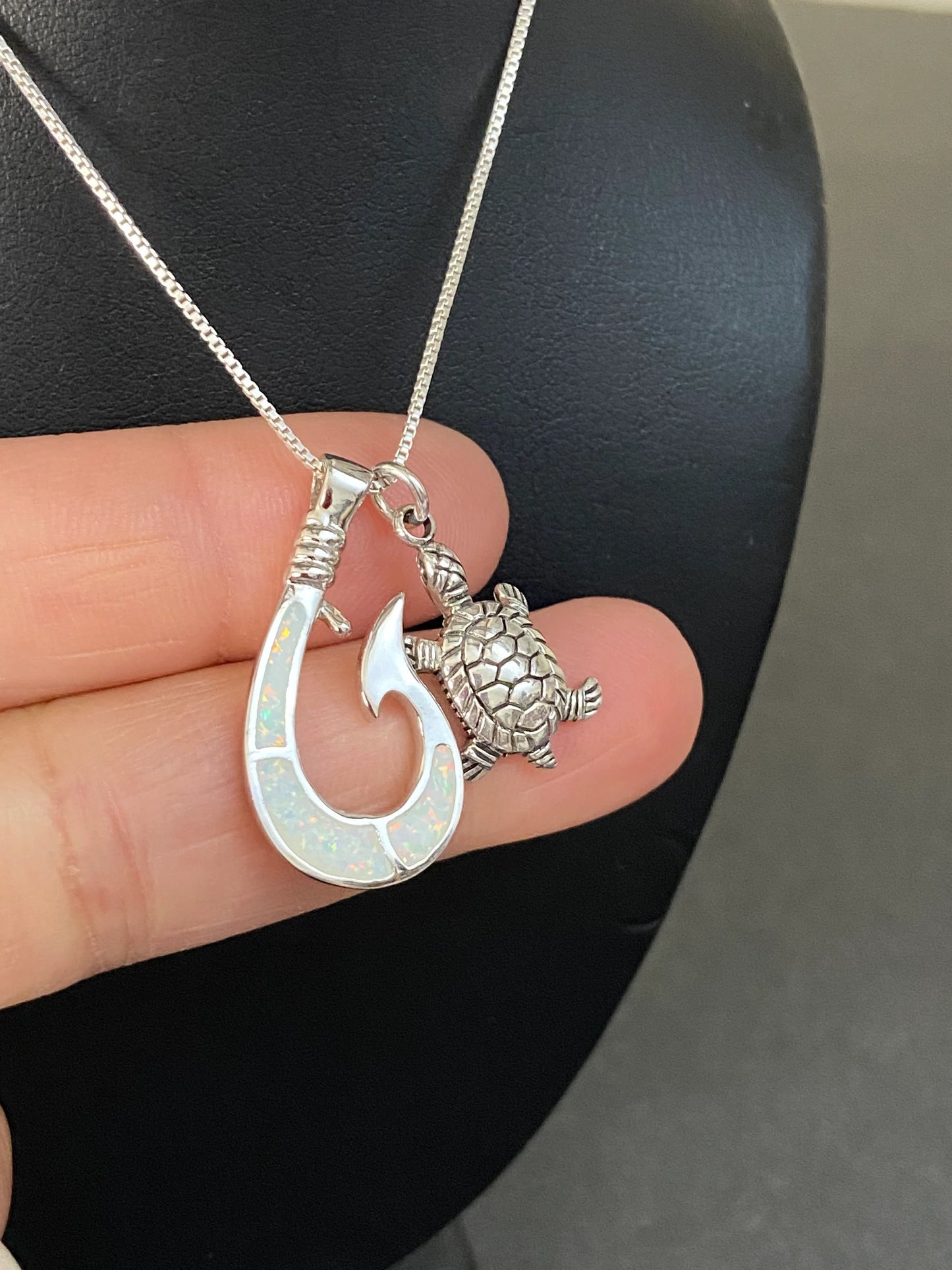 White Opal Fish Hook Turtle Necklace