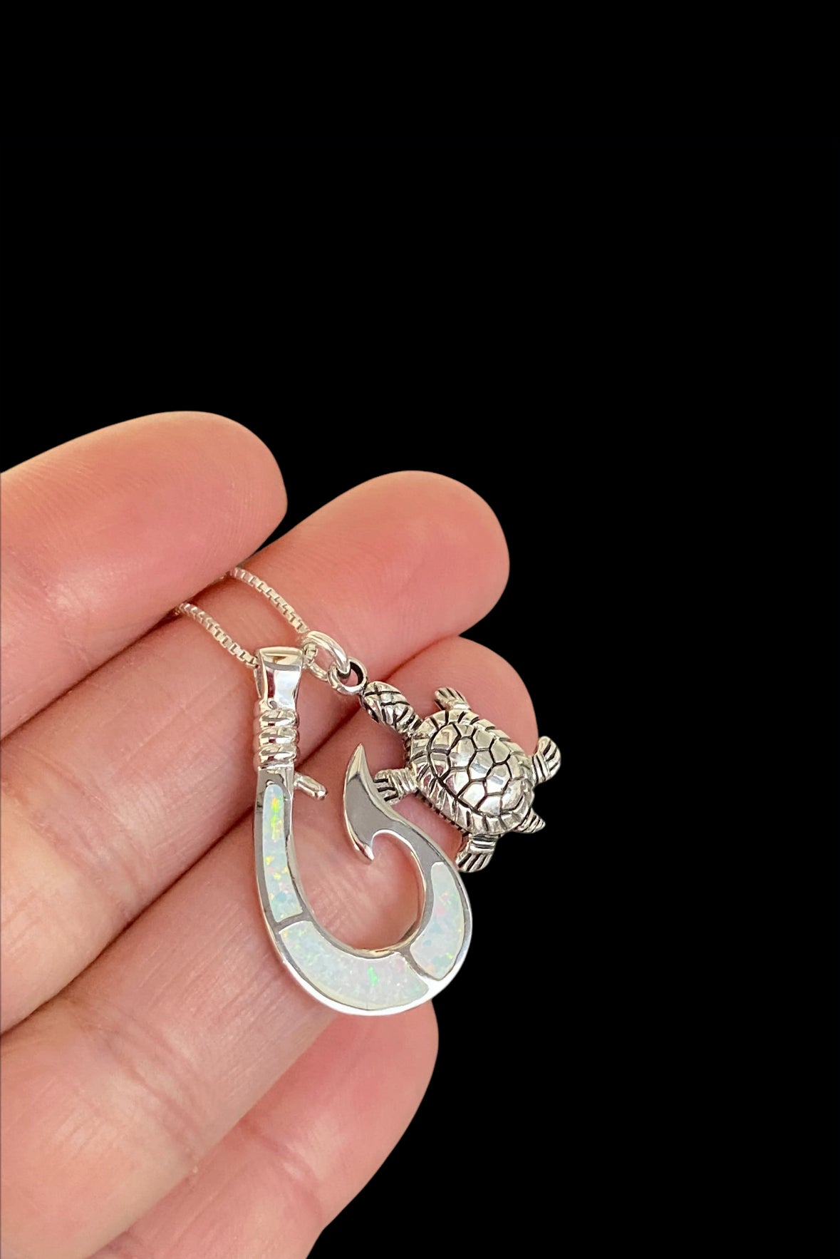 White Opal Fish Hook Turtle Necklace