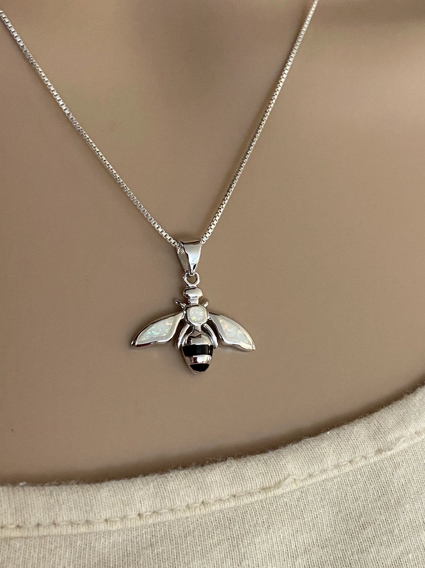 White Opal Bee Necklace