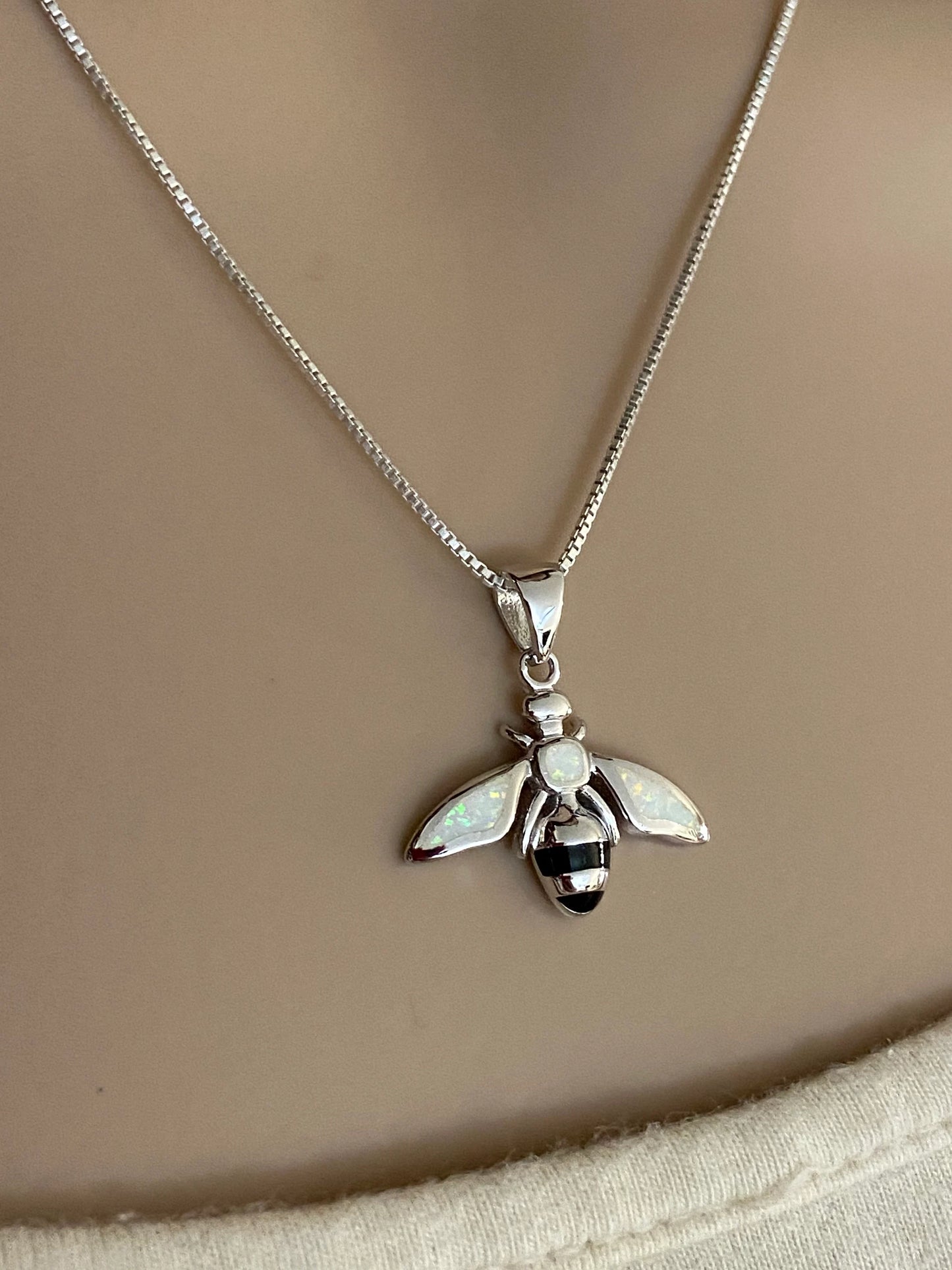 White Opal Bee Necklace