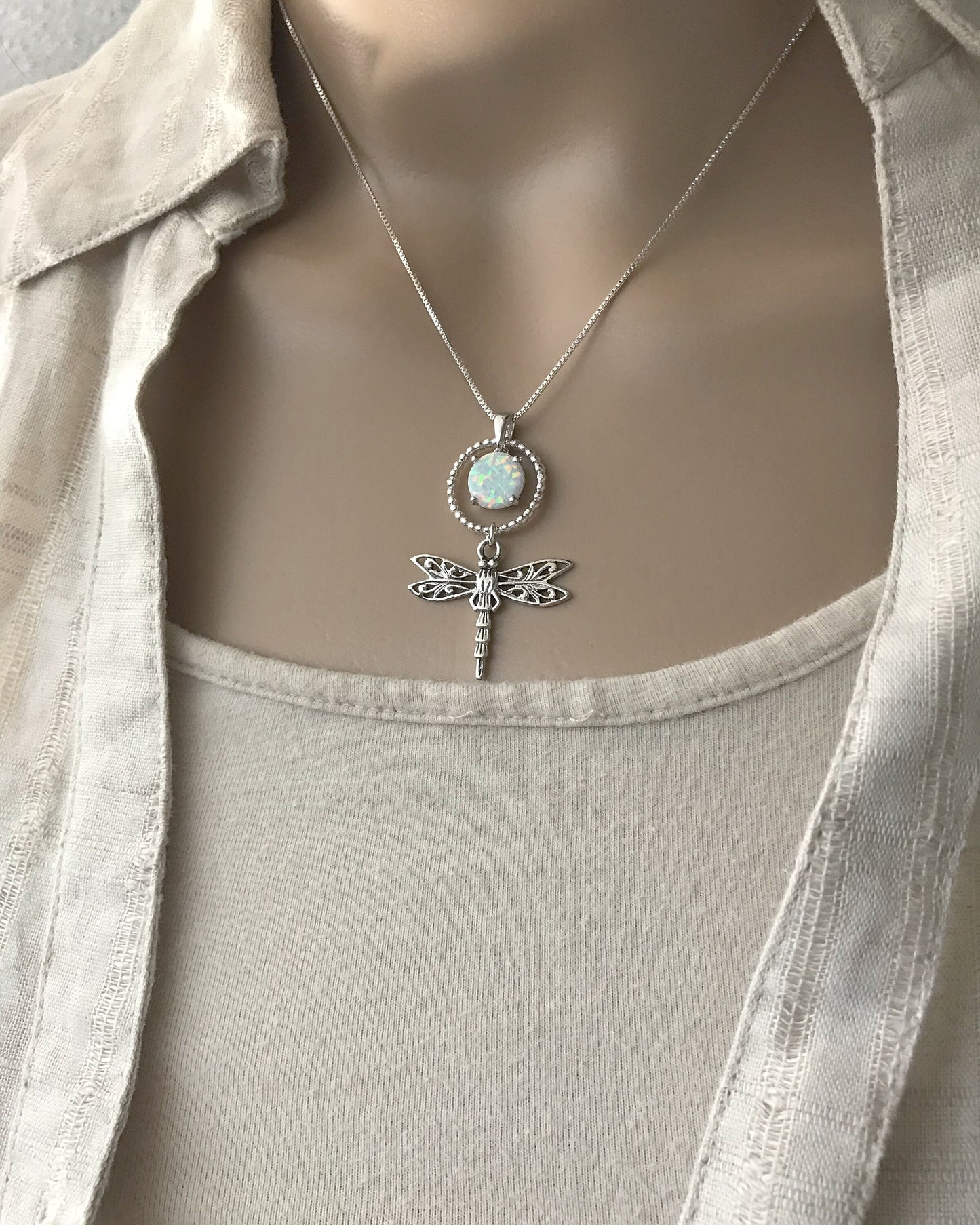 White Opal Dragonfly Necklace