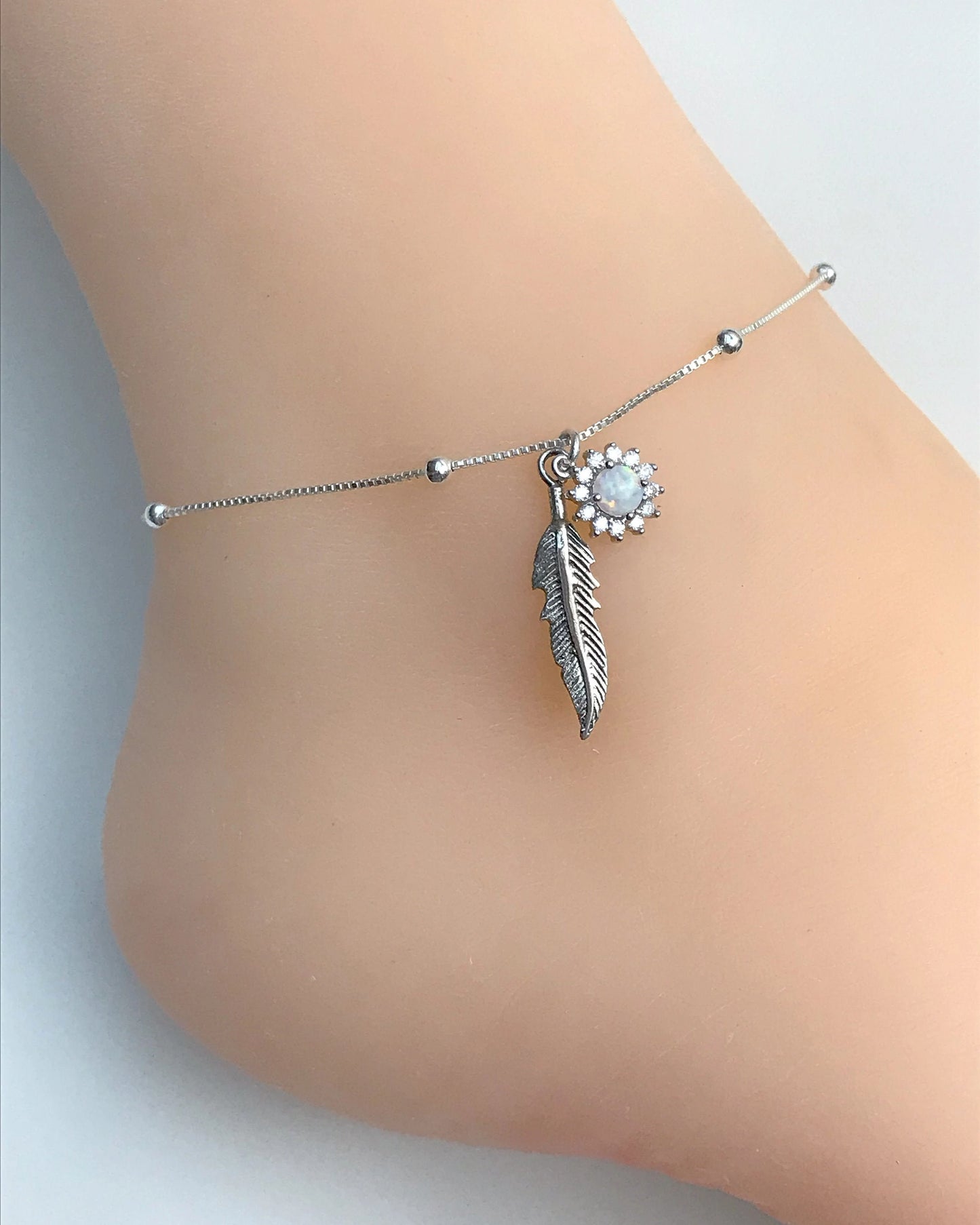 Feather and White Opal Starburst Anklet