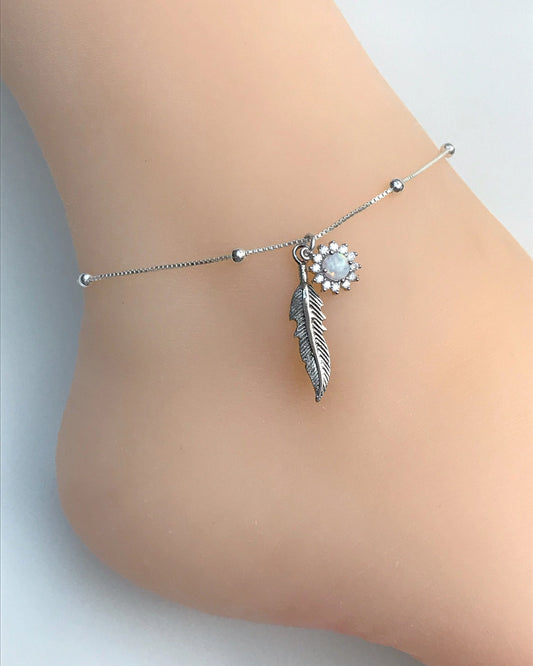 Feather and White Opal Starburst Anklet