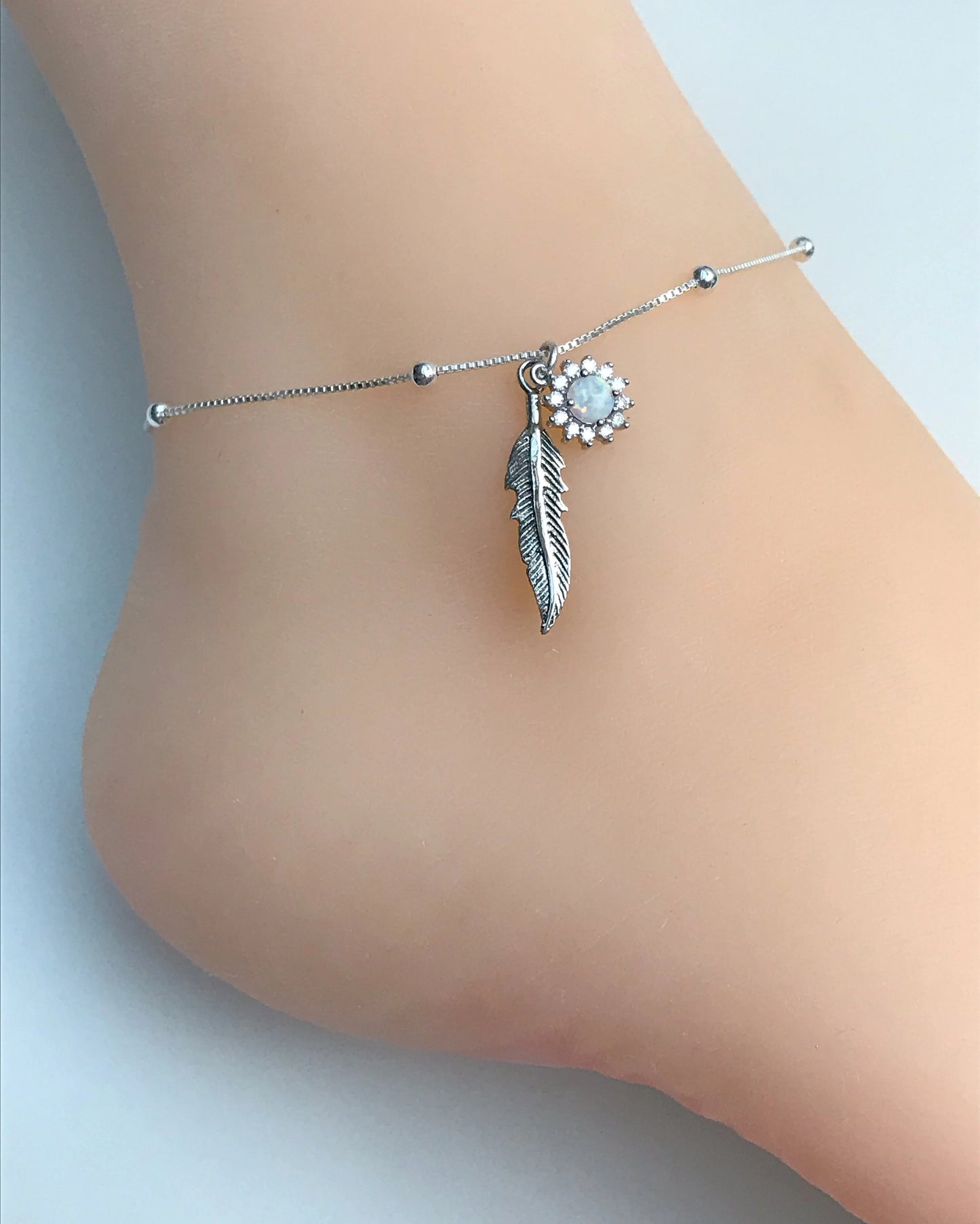 Feather and White Opal Starburst Anklet