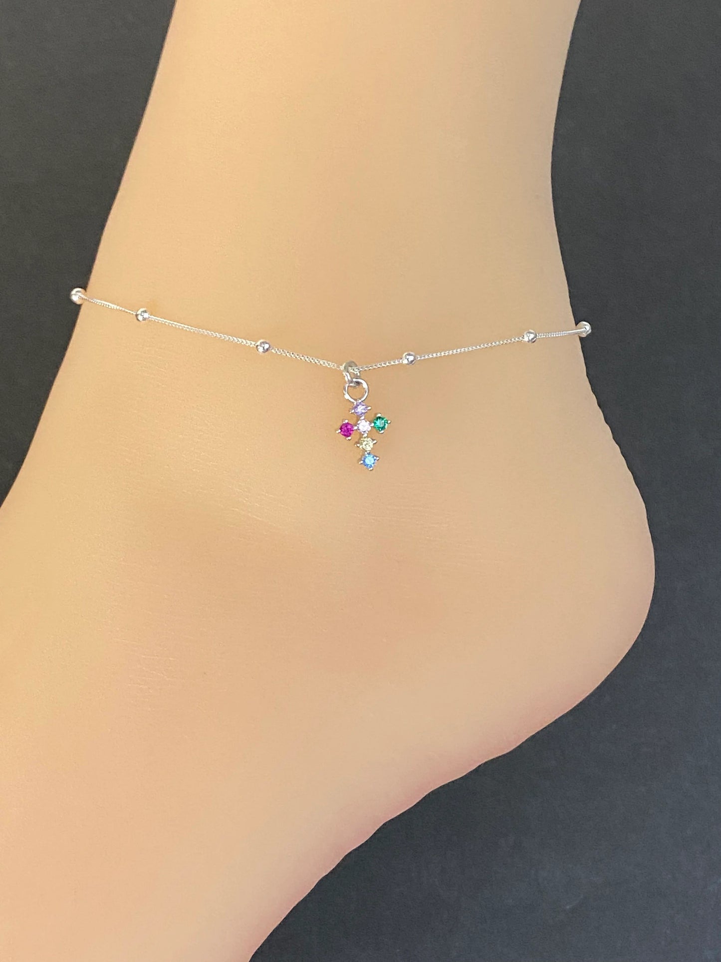 Multicolor CZ Cross Anklet
