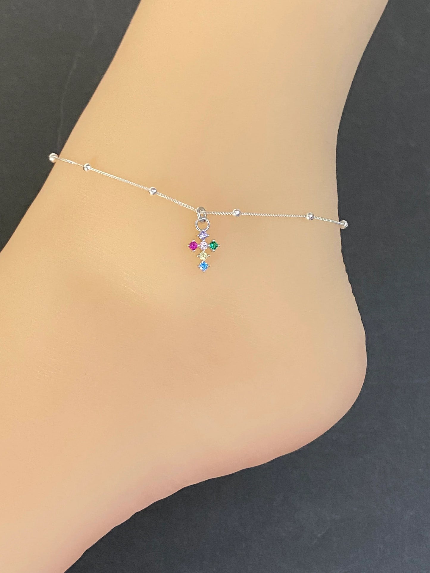 Multicolor CZ Cross Anklet