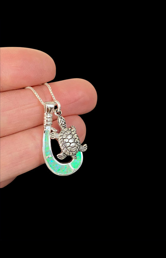 Green Opal Fish Hook Turtle Necklace