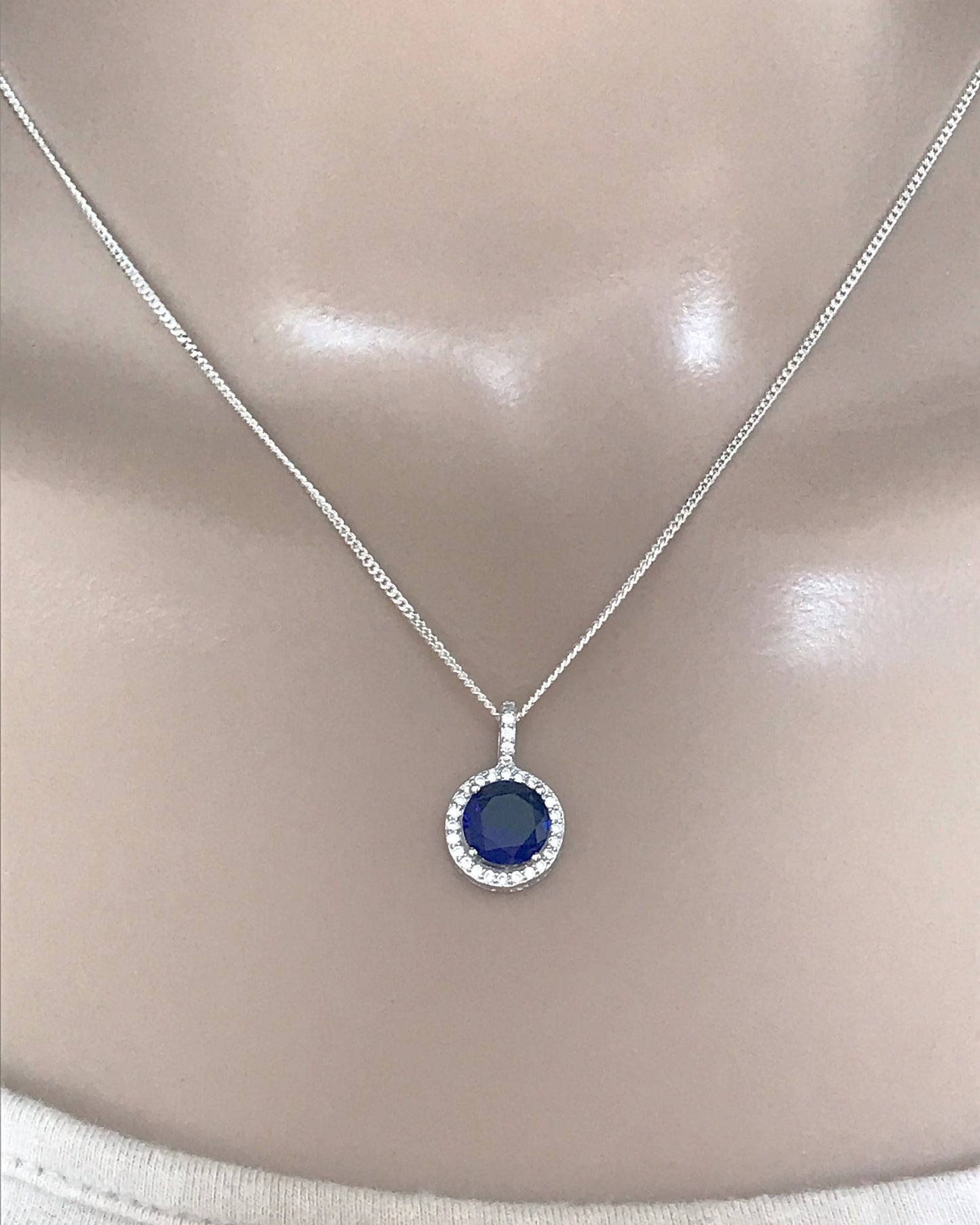 Blue Sapphire Halo Necklace