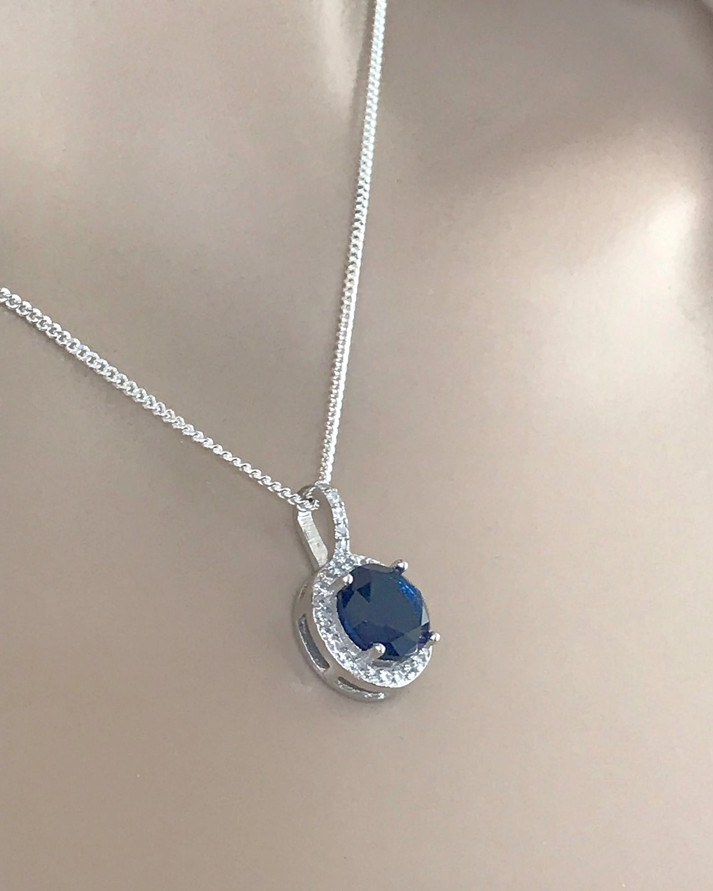 Blue Sapphire Halo Necklace