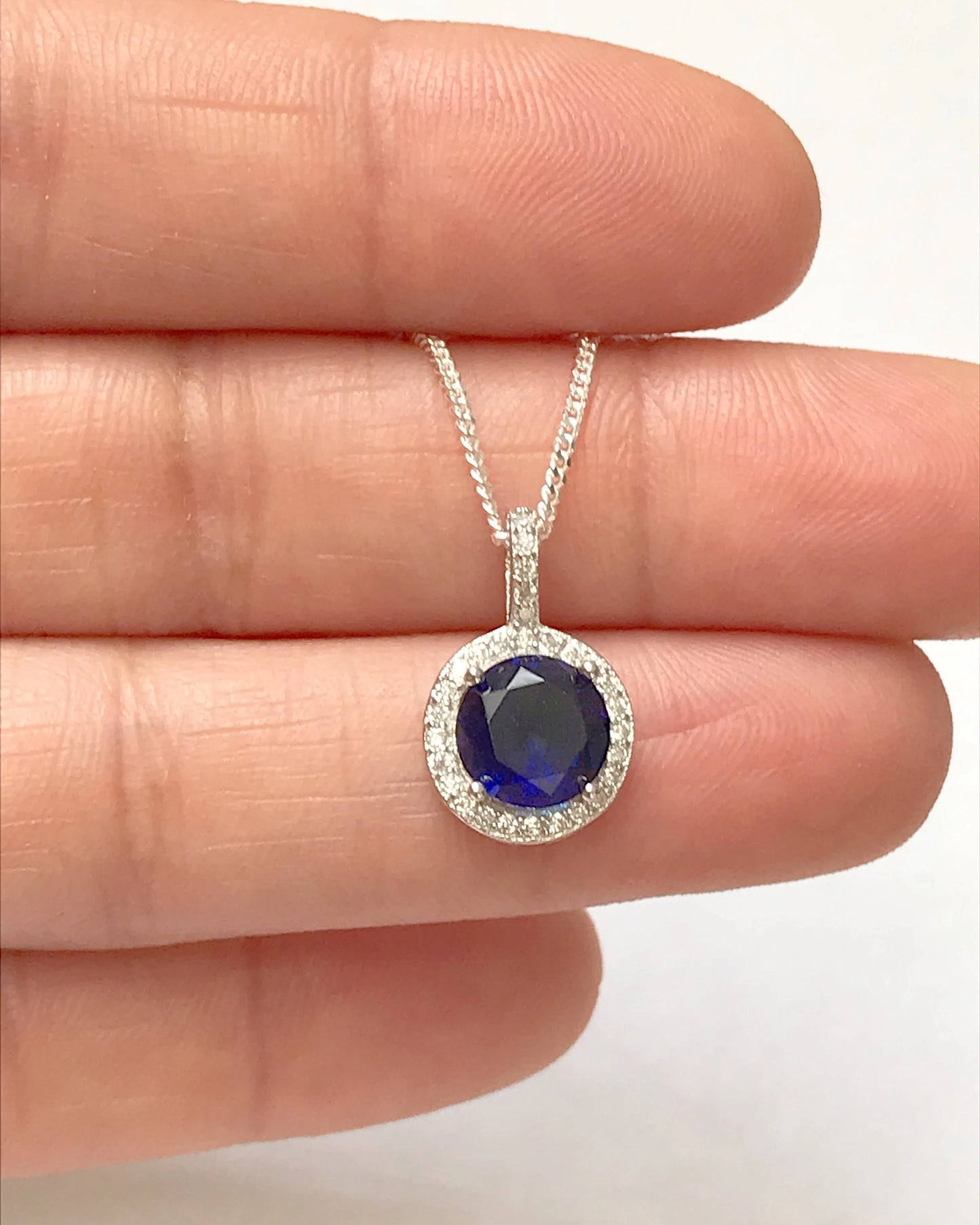 Blue Sapphire Halo Necklace