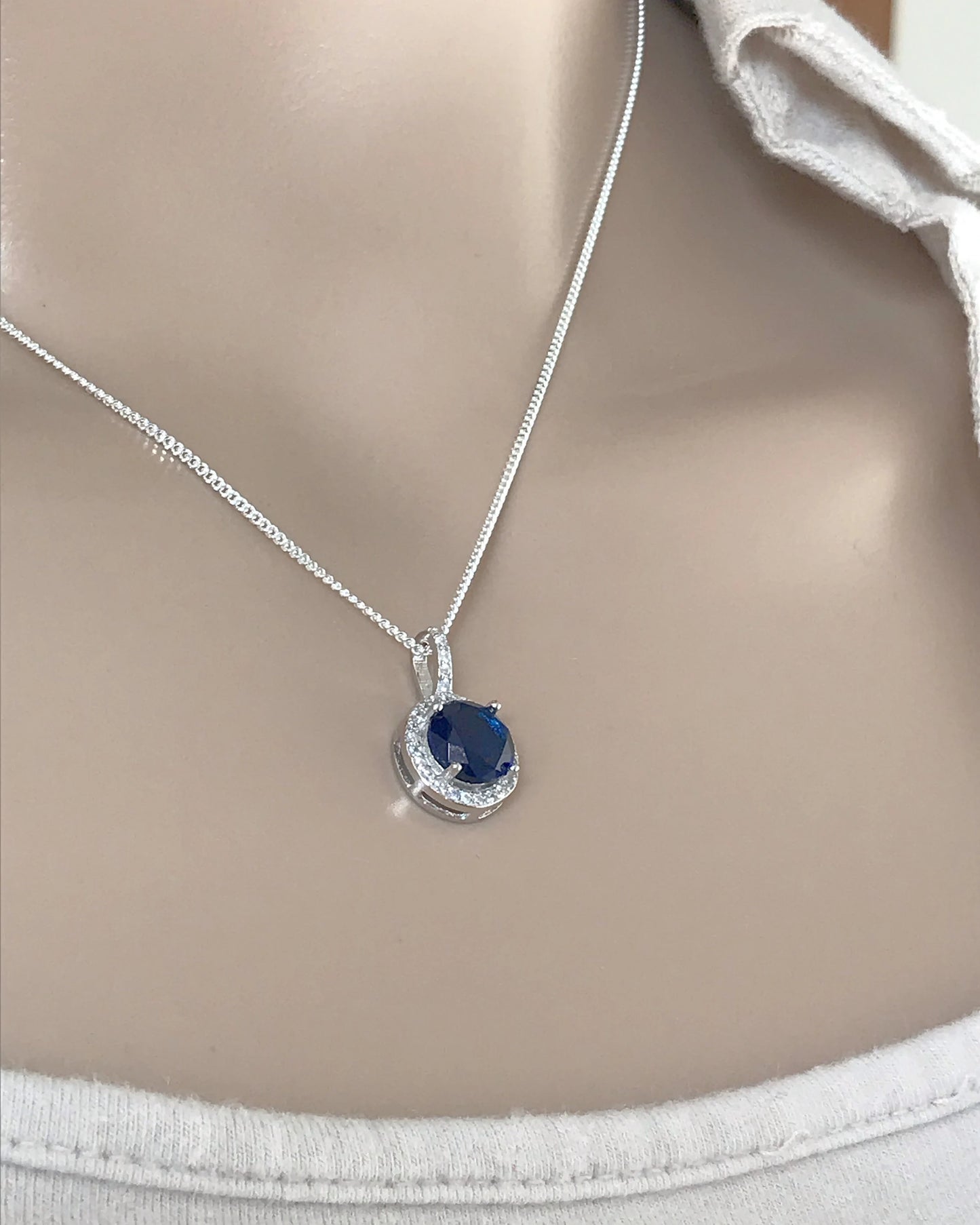 Blue Sapphire Halo Necklace