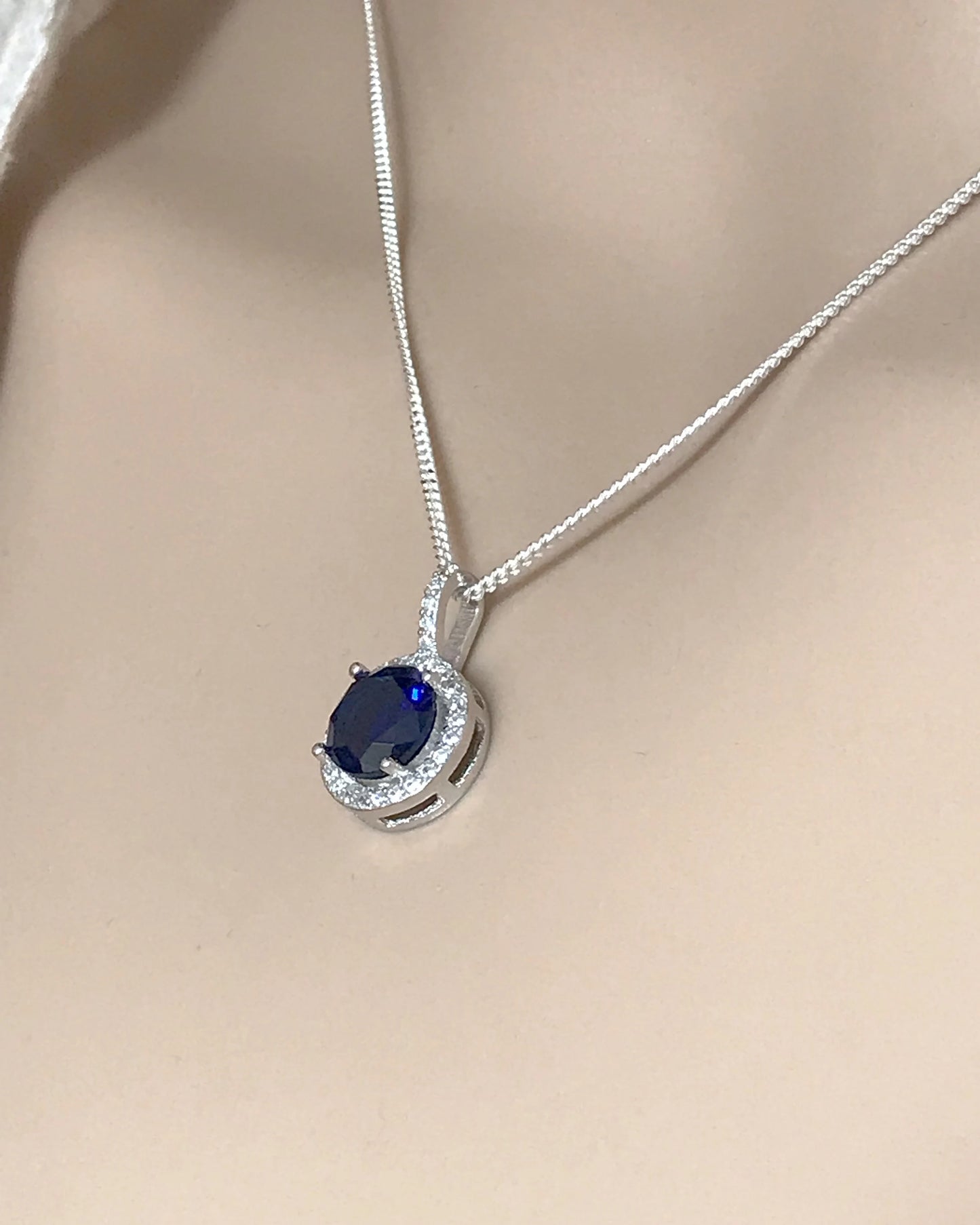 Blue Sapphire Halo Necklace