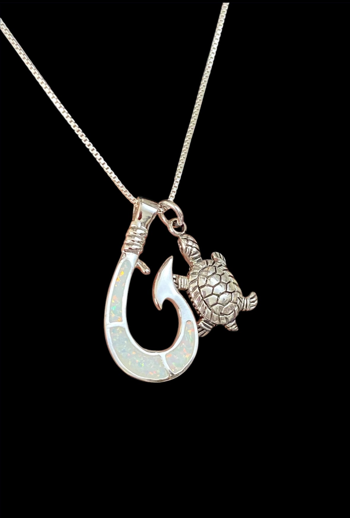 White Opal Fish Hook Turtle Necklace