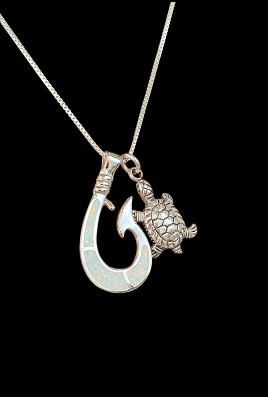 White Opal Fish Hook Turtle Necklace